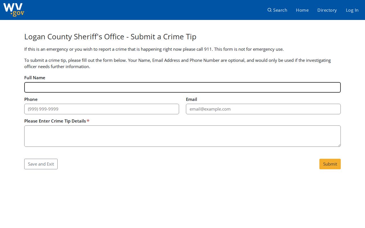 Logan County Sheriff crime-tip form for public-safety information