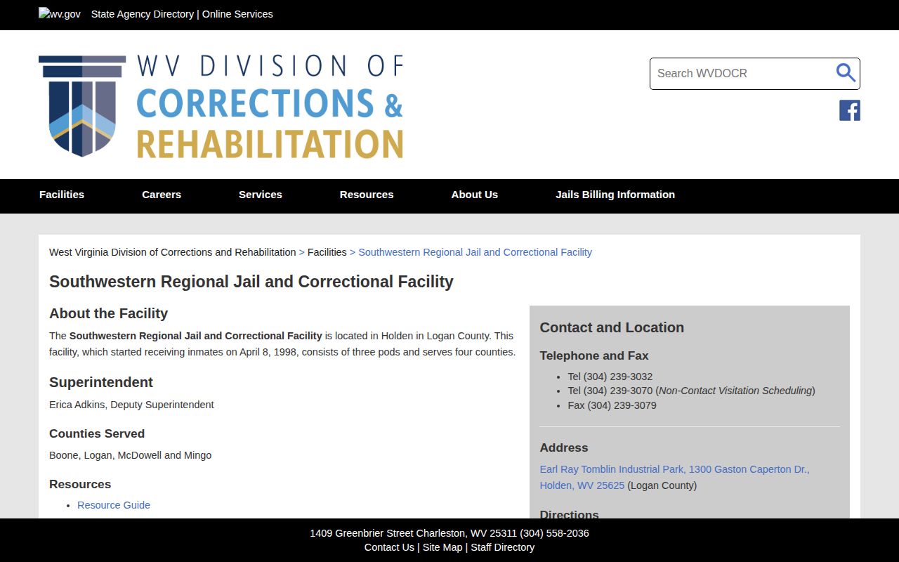 Logan County booking record source at Southwestern Regional Jail and Correctional Facility