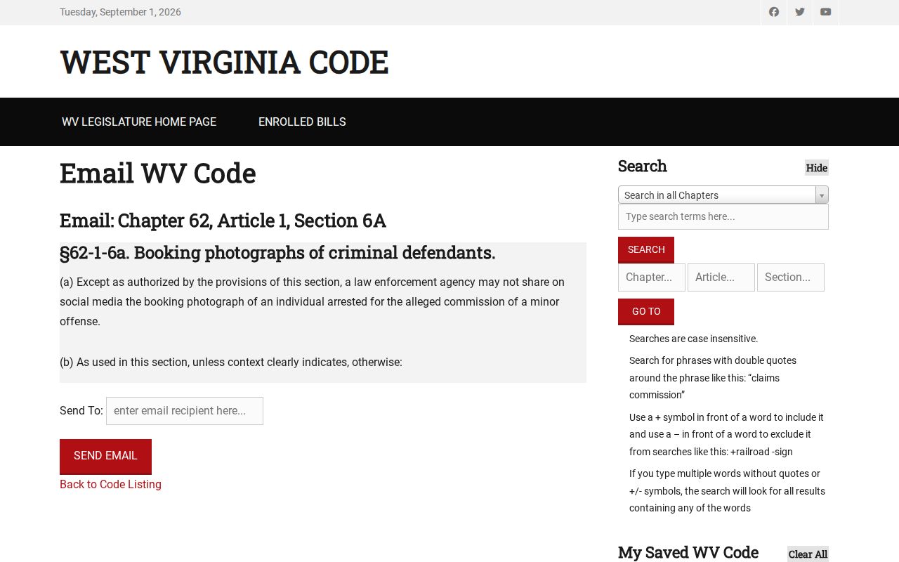 Logan County mugshot record law source, West Virginia booking photograph statute